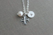 Load image into Gallery viewer, Personalized Charm Necklace with Sterling Silver Jerusalem Cross, White Freshwater Pearl and Initial Charm Made to Order, Faith
