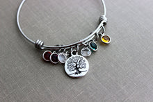 Load image into Gallery viewer, Family Tree bracelet, Grandma Jewelry, stainless steel adjustable bangle bracelet with Tree of life charm, Birthstone bracelet for mom
