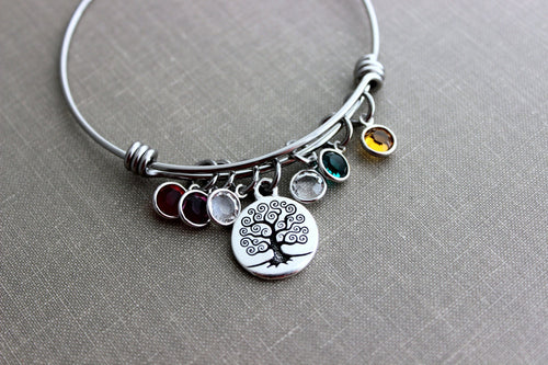 Family Tree bracelet, Grandma Jewelry, stainless steel adjustable bangle bracelet with Tree of life charm, Birthstone bracelet for mom