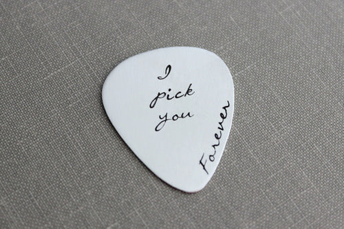 Sterling silver guitar pick, I pick you forever, Hand Stamped Guitar Pick, Playable, Plectrum 24 gauge, Gift for Boyfriend, Him, Husband