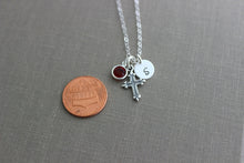 Load image into Gallery viewer, Sterling Silver Cross Necklace with Swarovski Crystal Birthstone and Round Initial Charm, Hand Stamped, Customized Confirmation Gift idea

