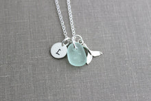 Load image into Gallery viewer, Sterling Silver Tiny Whale tail Necklace with Genuine Sea glass and Personalized Initial charm disc, Beach Jewelry, Eco Friendly Fashion
