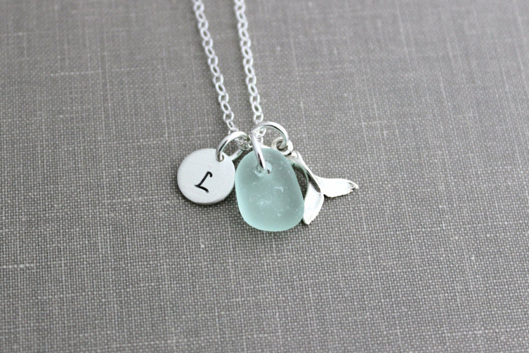 Sterling Silver Tiny Whale tail Necklace with Genuine Sea glass and Personalized Initial charm disc, Beach Jewelry, Eco Friendly Fashion