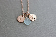 Load image into Gallery viewer, Rose Gold Filled Sand Dollar, Genuine Sea Glass and Initial Charm necklace, Wedding Bridesmaid Gift, Personalize, Pink Gold Filled
