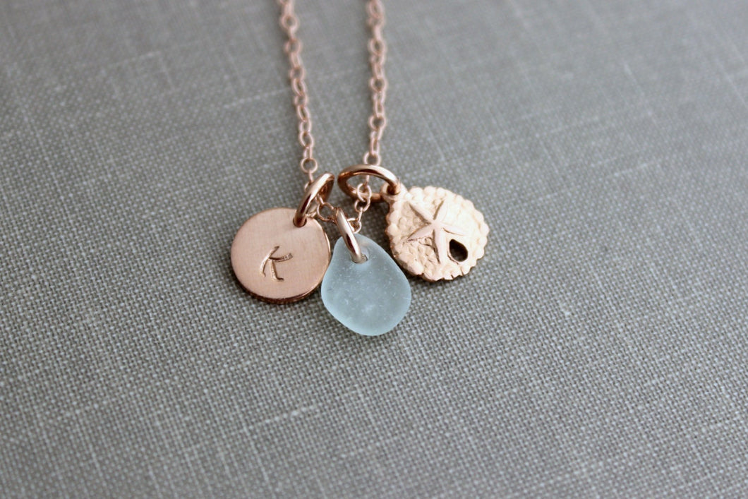 Rose Gold Filled Sand Dollar, Genuine Sea Glass and Initial Charm necklace, Wedding Bridesmaid Gift, Personalize, Pink Gold Filled