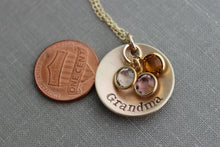 Load image into Gallery viewer, Hand Stamped Bronze and 14k Gold filled chain Grandma Necklace, Personalized with Swarovski Crystal Birthstones, Grandchildren, Grandmother
