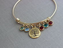 Load image into Gallery viewer, Gold Family Tree bracelet, gold plated stainless steel bangle bracelet with Swarovski crystal birthstones, Christmas Gift for mom Grandma
