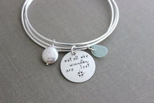 Load image into Gallery viewer, Not all who wander are lost - Sterling silver triple interlocking bangle bracelet - Genuine sea glass - Freshwater Coin pearl - Compass
