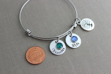Load image into Gallery viewer, Children&#39;s name Bracelet with Family Tree - Hand stamped - stainless steel bracelet - Swarovski crystal birthstones wire bangle gift for Mom
