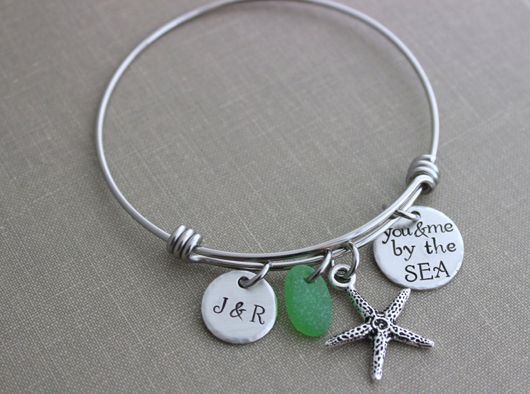 you & me by the sea, stainless steel bangle bracelet with two initials, genuine sea glass and starfish charm, gift for wife, couple jewelry