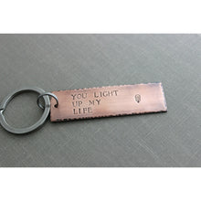 Load image into Gallery viewer, You light up my life, Copper Hand Stamped Keychain, Long Rectangle,  Antiqued rustic style, lightbulb with heart gift for electrician
