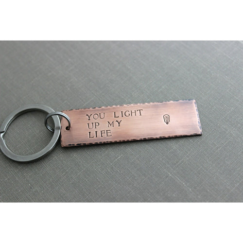 You light up my life, Copper Hand Stamped Keychain, Long Rectangle,  Antiqued rustic style, lightbulb with heart gift for electrician