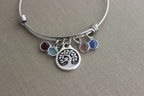 Tree of life charm bracelet Grandma Jewelry, stainless steel adjustable bangle bracelet Family jewelry, Swarovski crystal birthstone, Mom