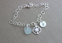 Load image into Gallery viewer, Sterling Silver Compass and  genuine Sea Glass Charm Bracelet Personalized, Hand Stamped Initial Charm, Large Link Sterling Chain, Wanderer
