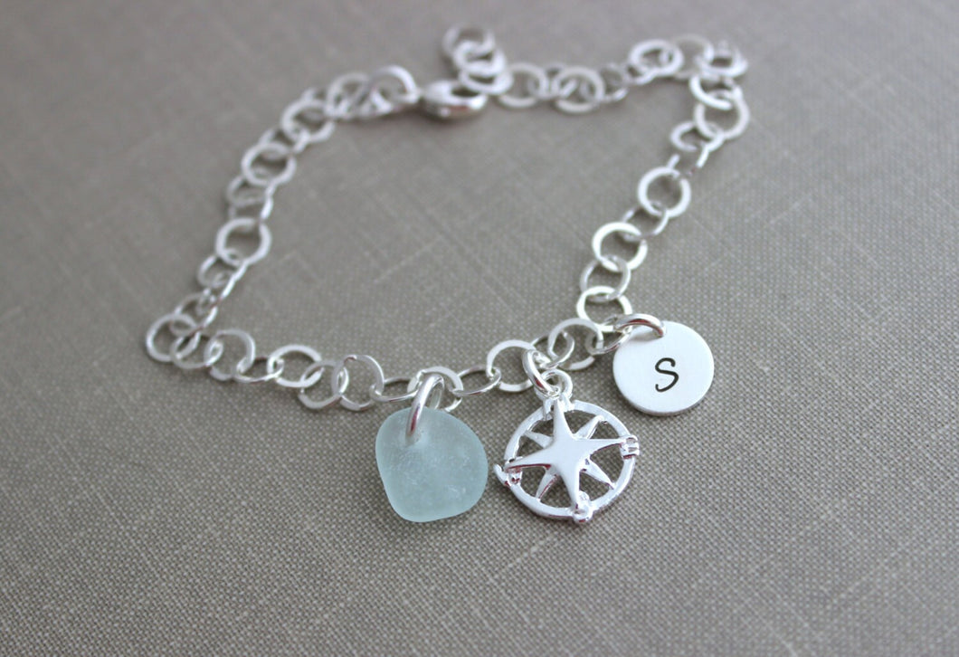 Sterling Silver Compass and  genuine Sea Glass Charm Bracelet Personalized, Hand Stamped Initial Charm, Large Link Sterling Chain, Wanderer