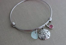 Load image into Gallery viewer, sand dollar charm bracelet, stainless steel adjustable beach bangle bracelet with genuine sea glass and Swarovski crystal birthstone Summer
