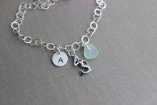 Load image into Gallery viewer, Sterling Silver Mermaid and  genuine Sea Glass Charm Bracelet Personalized, Hand Stamped Initial Charm, Large Link Sterling Chain, sea siren
