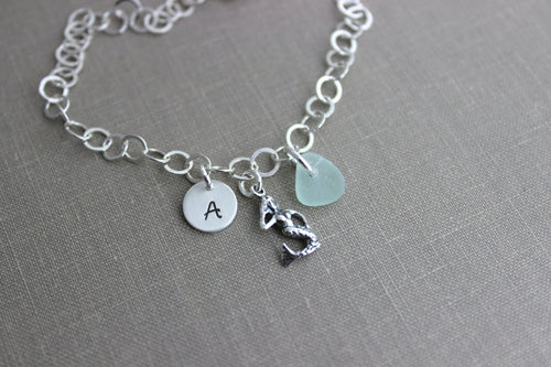 Sterling Silver Mermaid and  genuine Sea Glass Charm Bracelet Personalized, Hand Stamped Initial Charm, Large Link Sterling Chain, sea siren