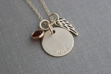 Load image into Gallery viewer, Bronze angel wing memorial gold filled necklace with name or Mom, Swarovski Crystal Birthstone, Loss Sympathy necklace, Remembrance Necklace
