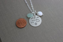 Load image into Gallery viewer, not all who wander are lost, sterling silver necklace with genuine sea glass and freshwater coin pearl, hand stamped compass design
