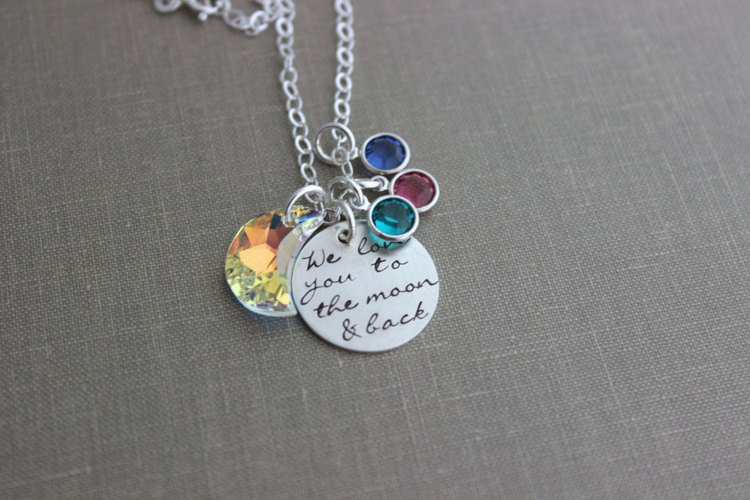 I love you to the moon & back, Sterling Silver Disc Necklace, Hand Stamped with AB Swarovski Crystal Moon, Charm Necklace, Birthstones