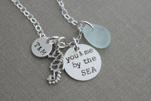 Load image into Gallery viewer, you &amp; me by the SEA sterling silver seahorse charm and personalized two initial disc beach necklace, with English Seafoam Sea glass
