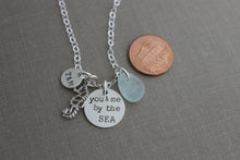 Load image into Gallery viewer, you &amp; me by the SEA sterling silver seahorse charm and personalized two initial disc beach necklace, with English Seafoam Sea glass
