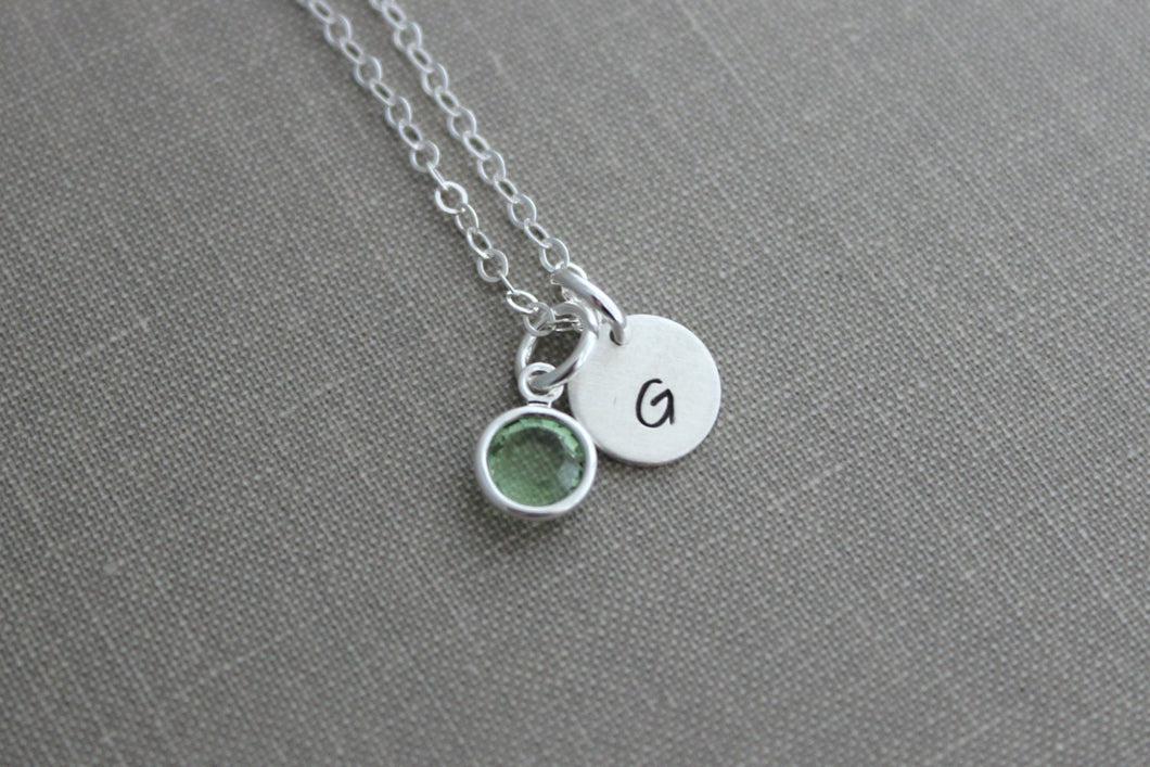 Initial Jewelry Sterling Silver Personalized Initial Necklace Simple Monogram Single Charm Rustic Swarovski Channel Drop Charm Birthstone