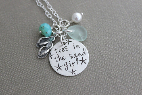 toes in the sand girl, beach quote necklace, hand stamped sterling silver flip flop jewelry, genuine sea glass, Gift for beach lover