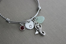 Load image into Gallery viewer, Mermaid bracelet stainless steel adjustable twisted braided wire bangle, personalized initial, genuine sea glass and Swarovski birthstone
