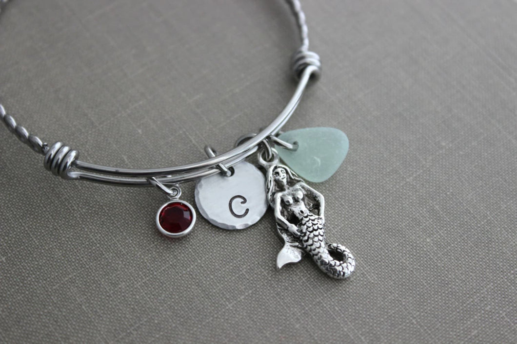 Mermaid bracelet stainless steel adjustable twisted braided wire bangle, personalized initial, genuine sea glass and Swarovski birthstone
