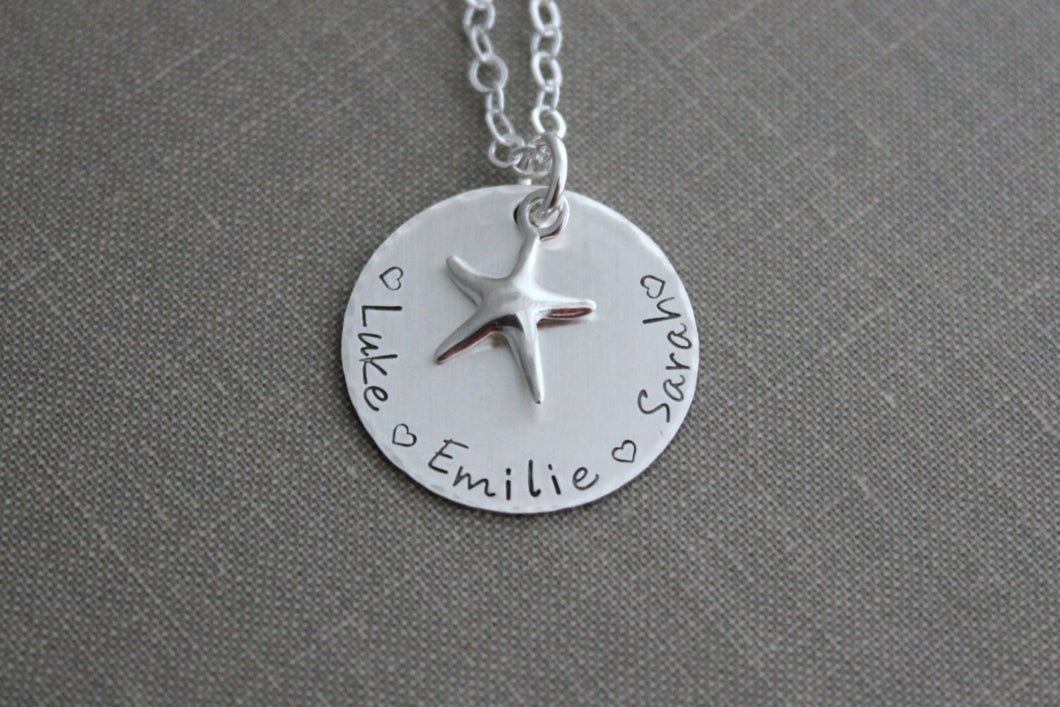 Sterling Starfish and Children's names necklace Sterling Silver Beach Mom Starfish Necklace Gift for her Grandma, Nana, Mom, Personalized