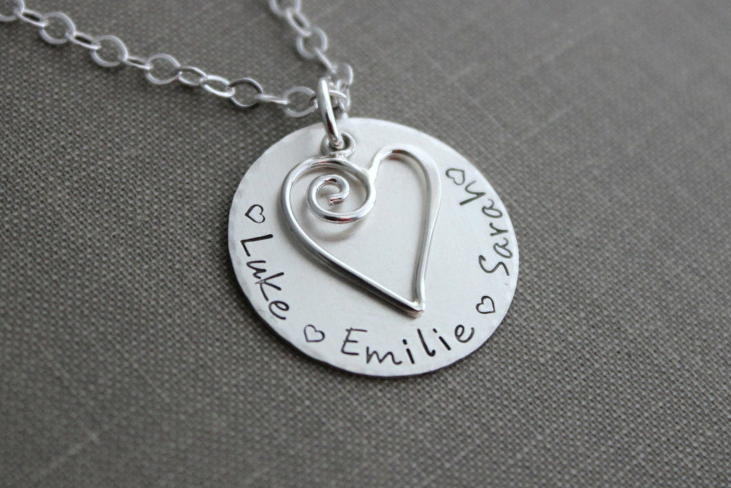 Sterling Swirl heart and Children's names, Sterling Silver Mom Necklace Gift for Grandma, Nana, Momma, Personalized Disk Multiple names