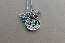 Load image into Gallery viewer, Rustic Family Tree necklace - Grandma Jewelry - gold or silver pewter Tree of life necklace - Swarovski crystal birthstones  gift for her

