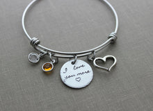 Load image into Gallery viewer, I love you more, stainless steel bangle bracelet with Swarovski Crystal Birthstone, open heart charm, Valentine&#39;s Day gift for her
