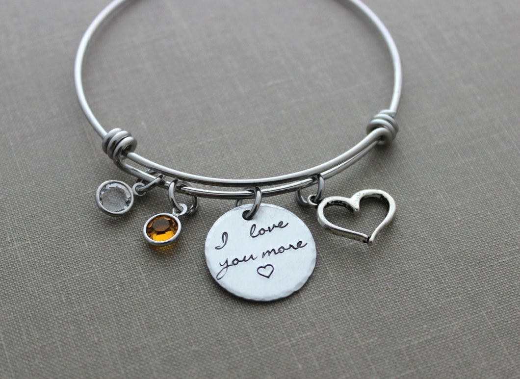 I love you more, stainless steel bangle bracelet with Swarovski Crystal Birthstone, open heart charm, Valentine's Day gift for her