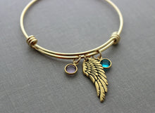 Load image into Gallery viewer, Gold or silver angel wing bracelet, gold plated stainless steel bangle Swarovski crystal birthstones  - Memorial bracelet personalized
