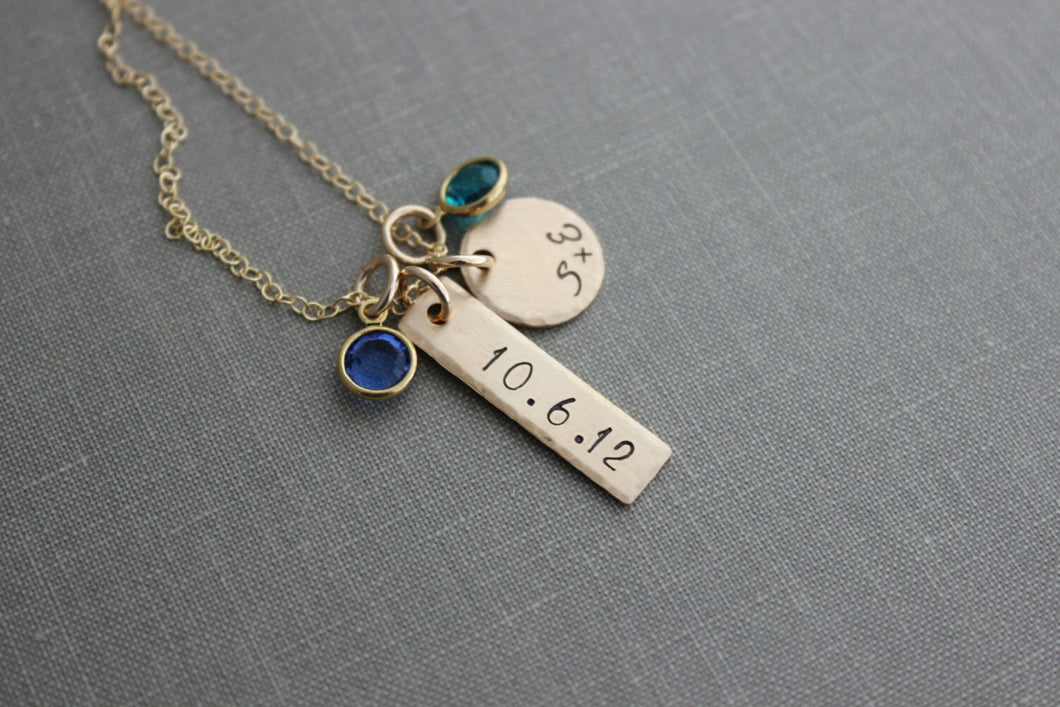 Date & Initials Necklace - Bronze Skinny Rectangle Bar Circle Disc Crystal Birthstone - 14k gold filled chain Names or date - Customized