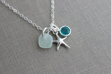 Load image into Gallery viewer, sterling silver starfish Charm necklace with Genuine sea glass - personalized with Swarovski crystal birthstone Summer Beach Jewelry
