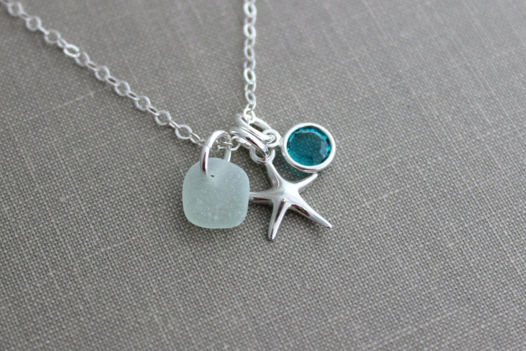 sterling silver starfish Charm necklace with Genuine sea glass - personalized with Swarovski crystal birthstone Summer Beach Jewelry