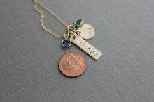 Load image into Gallery viewer, Date &amp; Initials Necklace - Bronze Skinny Rectangle Bar Circle Disc Crystal Birthstone - 14k gold filled chain Names or date - Customized

