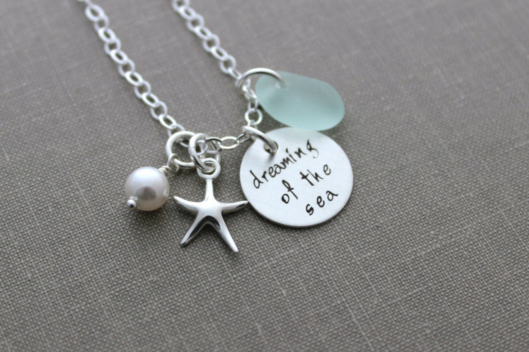 dreaming of the sea, sterling silver genuine sea glass charm necklace, personalized,  starfish charm, hand stamped, beach ocean jewelry