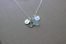 Load image into Gallery viewer, Anchor Necklace, Personalized Charm Necklace with Seafoam Sea Glass Anchor and Two Initial Charms Sterling Silver, Valentine&#39;s Day gift
