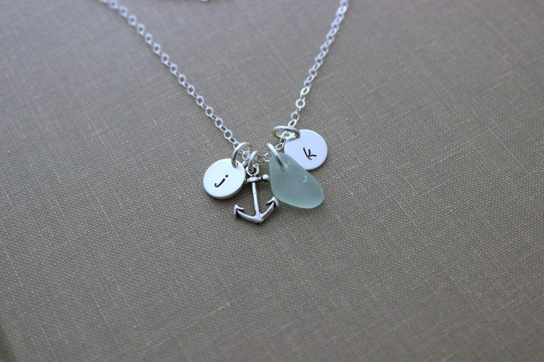 Anchor Necklace, Personalized Charm Necklace with Seafoam Sea Glass Anchor and Two Initial Charms Sterling Silver, Valentine's Day gift