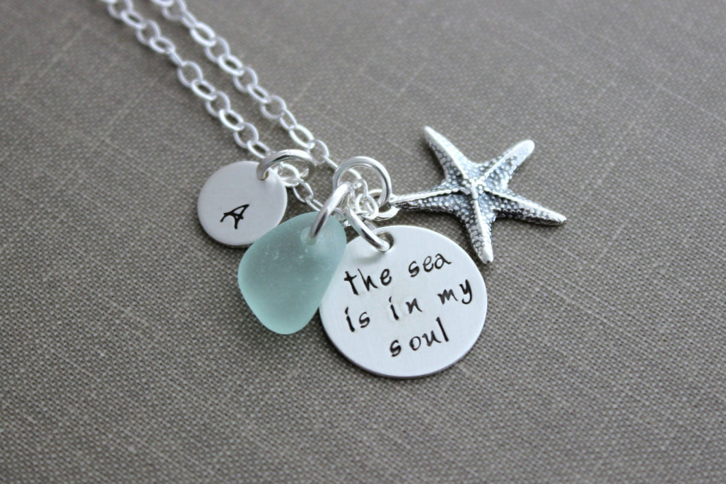 the sea is in my soul, Sterling silver, Hand Stamped, Starfish Charm and Initial Letter Charm, Beach Jewelry, genuine sea glass necklace