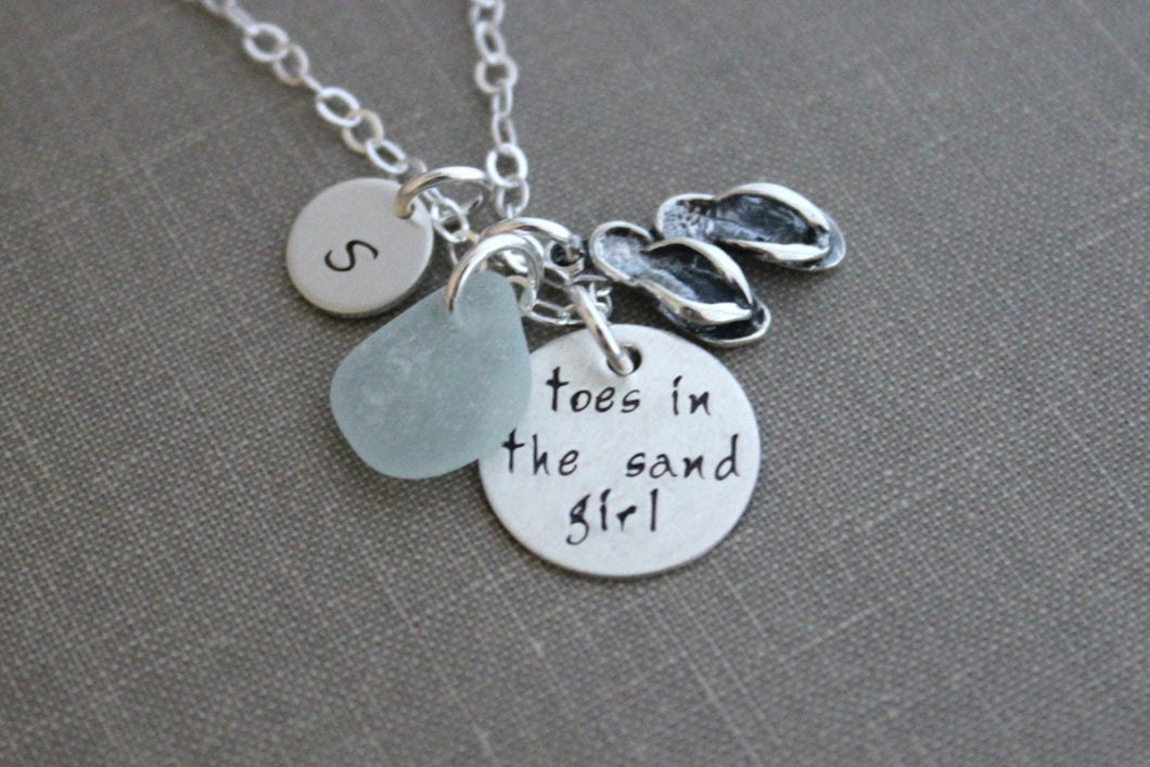 toes in the sand girl, sterling silver genuine sea glass charm necklace, personalized initial, flip flop charm, hand stamped