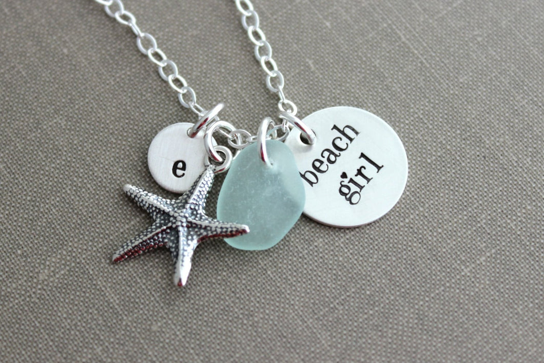 Beach Girl Necklace, Sterling silver, Hand Stamped, Starfish Charm, Genuine Sea Glass and Initial Letter Disc, Beach Jewelry, Sea Star