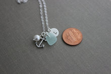Load image into Gallery viewer, Genuine sea glass and Sterling silver Anchor Necklace, Personalized Charm Necklace Initial Charm, Swarovski crystal pearl, hand stamped
