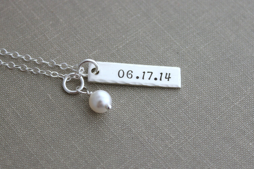 Special date necklace Sterling Silver rectangle Bar with Swarovski Crystal white pearl, Personalized Nameplate, minimalist Birthdate