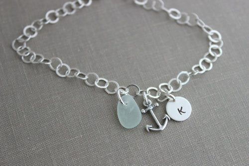 Sterling Silver Anchor and Genuine Sea Glass Bracelet Personalized with Hand Stamped Mini Initial Charm, Customized Nautical Jewelry